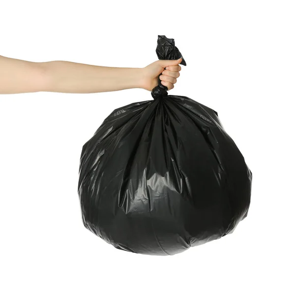 Woman Holding Trash Bag Full Garbage White Background Closeup — Stock Photo, Image