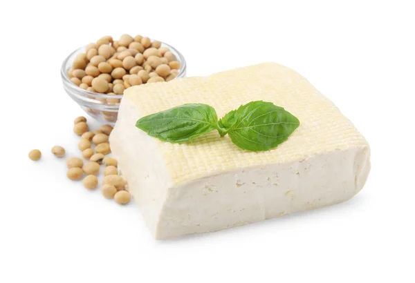 Pyszny Ser Tofu Bazylia Soja Izolowane Białym — Zdjęcie stockowe