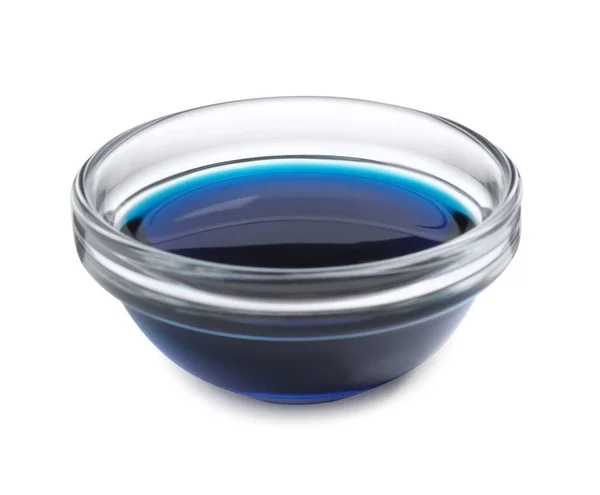 Tigela Vidro Com Corante Azul Isolado Branco — Fotografia de Stock