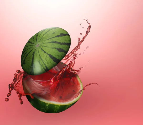 Wassermelone Mit Spritzendem Saft Auf Rotem Hintergrund — Stockfoto