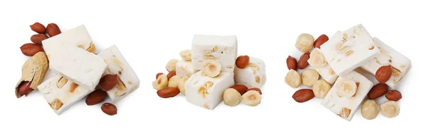 Piles Delicious Nougat Nuts White Background Collage Design — Stock Photo, Image
