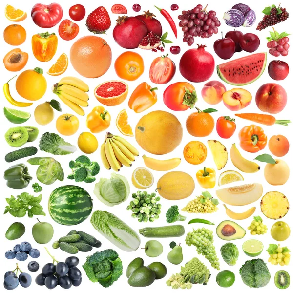 Molti Frutta Verdura Fresca Disposti Colori Arcobaleno Sfondo Bianco Collage — Foto Stock