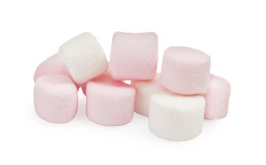 Pile of delicious sweet marshmallows on white background