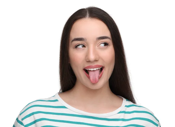 Dilini Beyaz Arka Planda Gösteren Mutlu Kadın — Stok fotoğraf