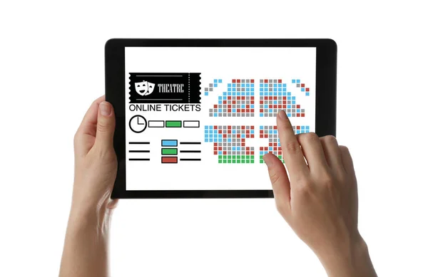 Woman buying theater tickets online via tablet on white background, closeup