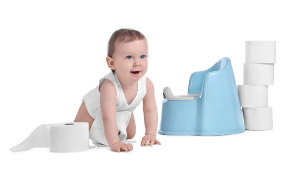 Little Child Baby Potty Stack Toilet Paper Rolls White Background — Stock Photo, Image