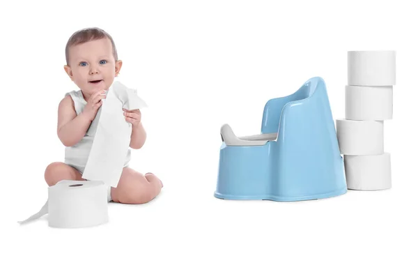 Little Child Baby Potty Stack Toilet Paper Rolls White Background — Stock Photo, Image