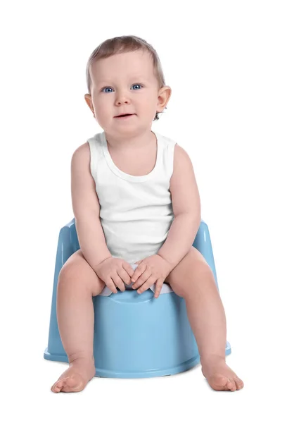 Little Child Sitting Baby Potty White Background — Stock Photo, Image