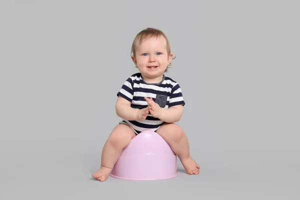 Little Child Sitting Baby Potty Light Grey Background — Stock Photo, Image