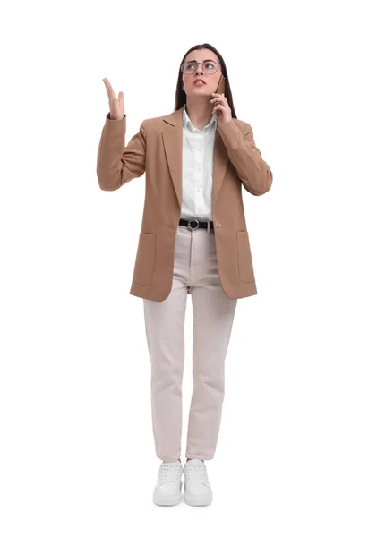 Beautiful Businesswoman Talking Smartphone White Background — Stock Photo, Image