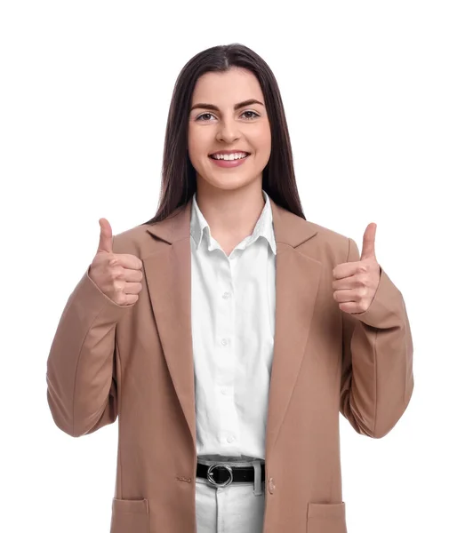 Beautiful Happy Businesswoman Showing Thumbs White Background — Stock Photo, Image
