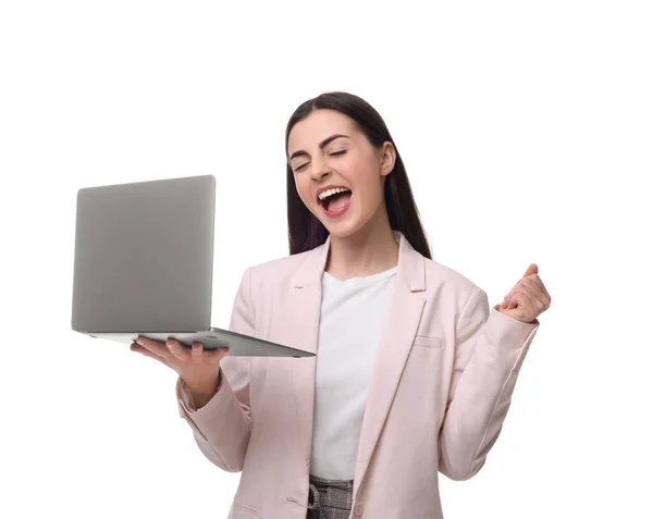 Красива Емоційна Бізнес Леді Ноутбуком Білому Тлі — стокове фото