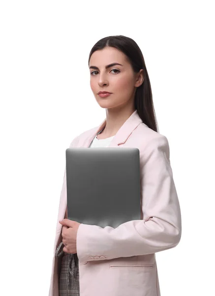 Szép Üzletasszony Laptop Fehér Háttér — Stock Fotó