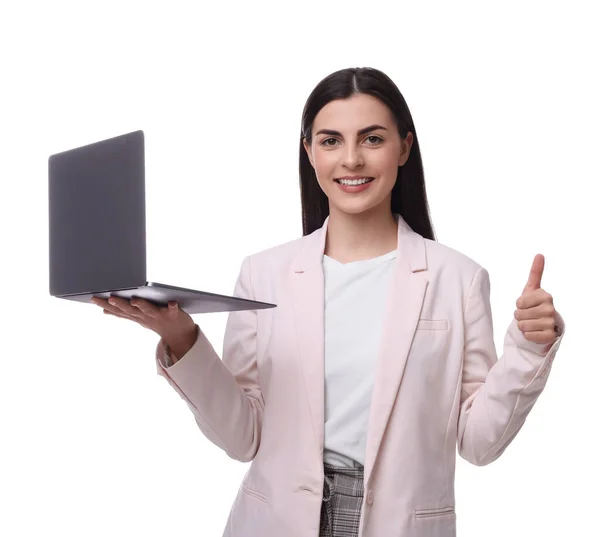 Indah Bahagia Pengusaha Wanita Dengan Laptop Menunjukkan Jempol Latar Belakang — Stok Foto