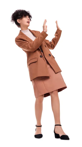 Vacker Affärskvinna Kostym Undvika Något Vit Bakgrund — Stockfoto