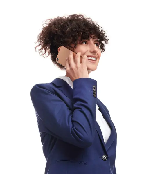 Takım Elbiseli Güzel Bir Kadını Akıllı Telefondan Beyaz Arka Planda — Stok fotoğraf