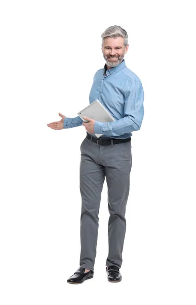 Mature Businessman Stylish Clothes Tablet White Background — Stock Photo, Image