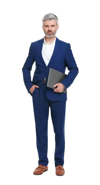 Homme Affaires Mature Vêtements Élégants Avec Ordinateur Portable Sur Fond — Photo