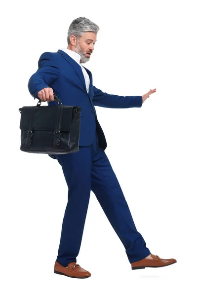Mature Businessman Briefcase Posing White Background — Stock Photo, Image