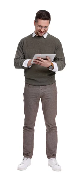 Jóképű Szakállas Üzletember Szemüvegben Tabletta Fehér Háttér — Stock Fotó