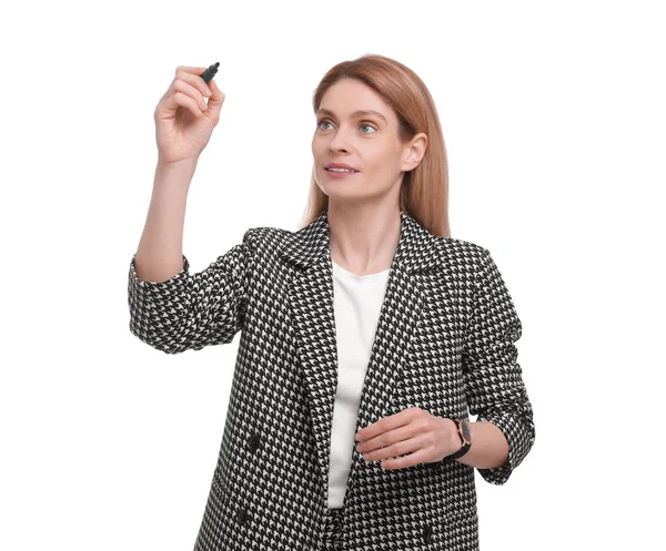 Beautiful businesswoman with marker on white background