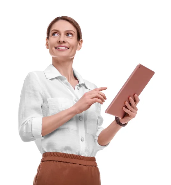 白い背景にタブレットと美しい幸せなビジネス女性 — ストック写真
