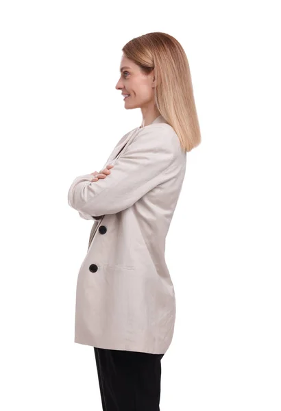 Piękny Szczęśliwy Businesswoman Przechodząc Ramiona Białym Tle — Zdjęcie stockowe