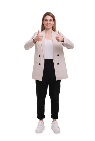 白い背景に親指を表示する美しい幸せなビジネス女性 — ストック写真