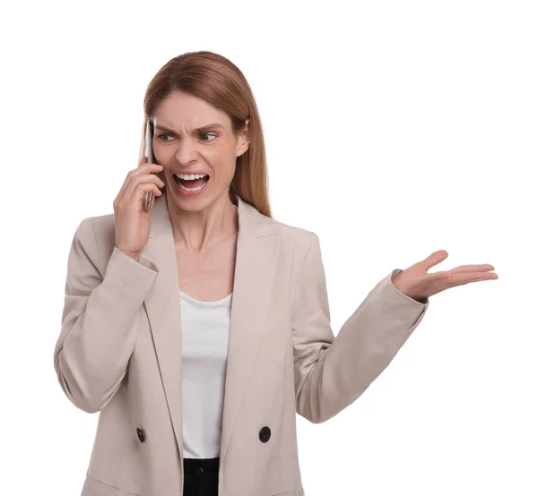 Mulher Negócios Irritada Falando Smartphone Contra Fundo Branco — Fotografia de Stock