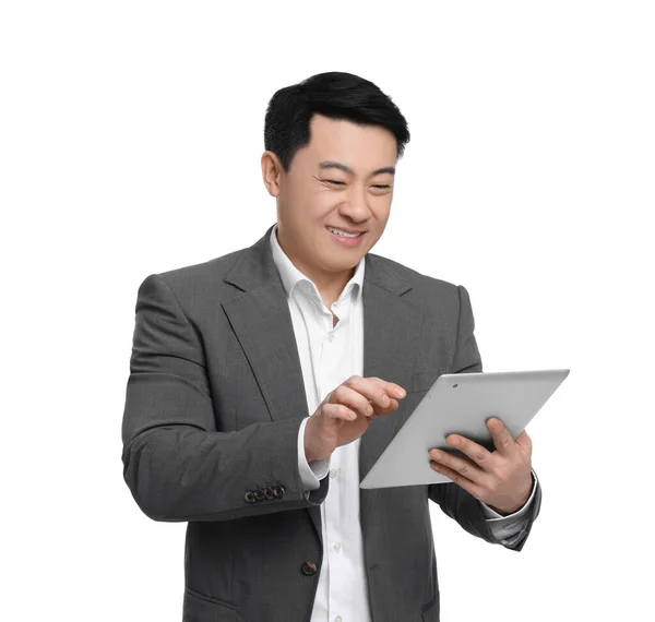Επιχειρηματίας Κοστούμι Χρησιμοποιώντας Tablet Λευκό Φόντο — Φωτογραφία Αρχείου