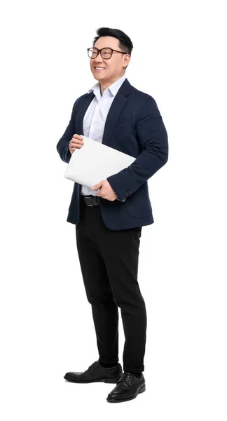 Üzletember Öltönyben Laptop Fehér Háttér — Stock Fotó