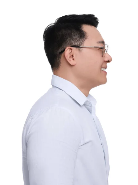 Businessman in formal clothes wearing glasses on white background