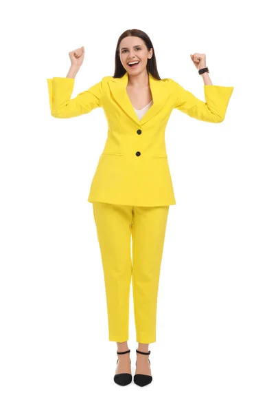 白い背景の上に黄色のスーツの美しいビジネス女性 — ストック写真
