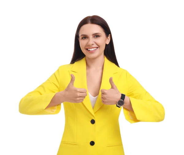 Gyönyörű Boldog Üzletasszony Sárga Öltöny Mutatja Hüvelykujját Fel Fehér Háttér — Stock Fotó