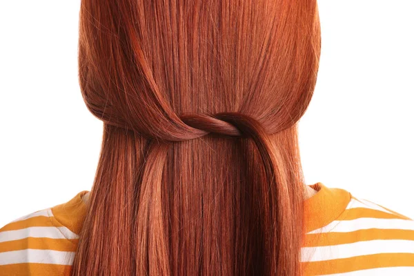 Γυναίκα Κόκκινα Βαμμένα Μαλλιά Λευκό Φόντο Πίσω Όψη — Φωτογραφία Αρχείου