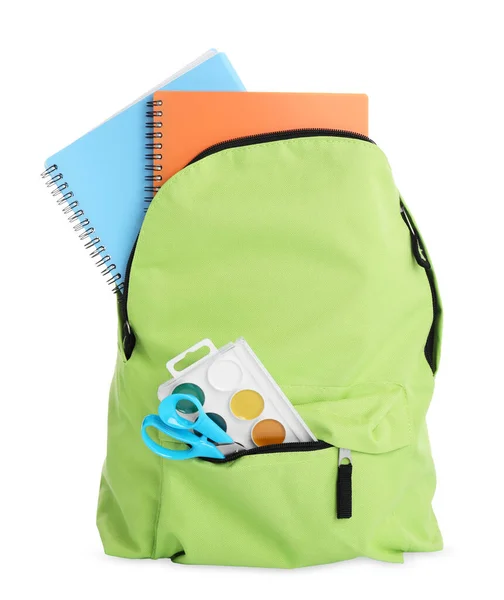 Viele Verschiedene Schulsachen Rucksack Isoliert Auf Weiß — Stockfoto