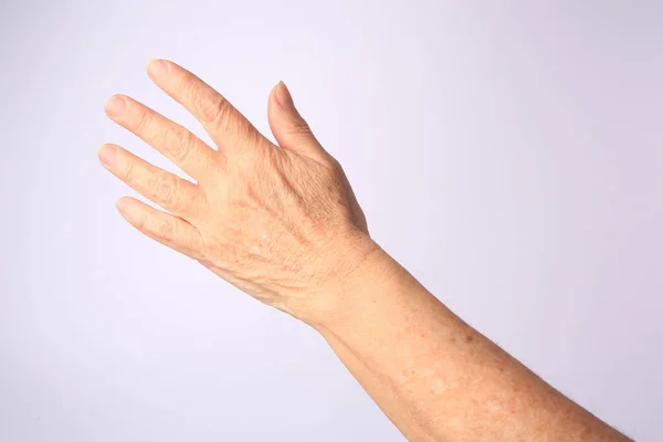 Closeup View Woman Hand Aging Skin White Background — Stock Photo, Image