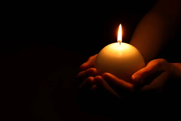 Woman Holding Burning Candle Hands Black Background Closeup Space Text — Stock Photo, Image
