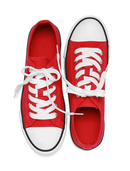 Paar Rode Klassieke Old School Sneakers Geïsoleerd Wit Bovenaanzicht — Stockfoto