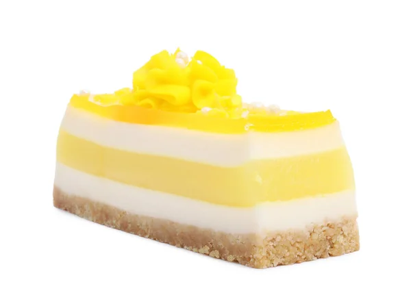 Stuk Heerlijke Cheesecake Met Citroen Geïsoleerd Wit — Stockfoto