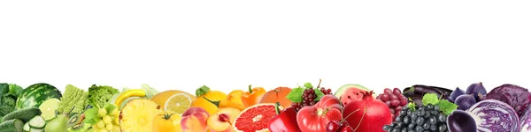 Sok Friss Gyümölcs Zöldség Rendezett Szivárvány Színek Fehér Háttér Banner — Stock Fotó