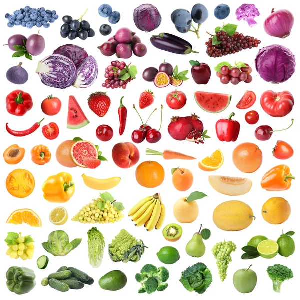 Many Fresh Fruits Vegetables Arranged Rainbow Colors White Background Collage — Stock Photo, Image
