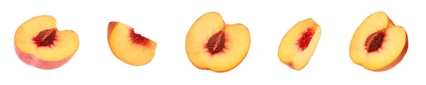 Snijd Verse Sappige Perziken Witte Achtergrond — Stockfoto