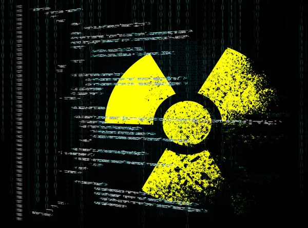 Nucleaire Afschrikking Waarschuwing Stralingssymbool Broncode Binaire Code Zwarte Achtergrond — Stockfoto
