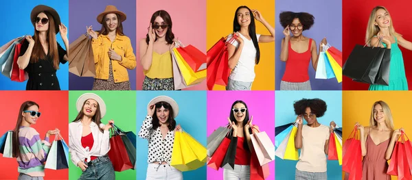 Коллаж Фотографиями Женщин Держащих Сумки Покупок Разных Цветовых Фонах — стоковое фото