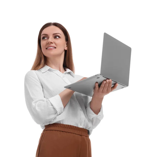 Frumoasa Femeie Afaceri Laptop Fundal Alb Vedere Unghi Scăzut — Fotografie, imagine de stoc