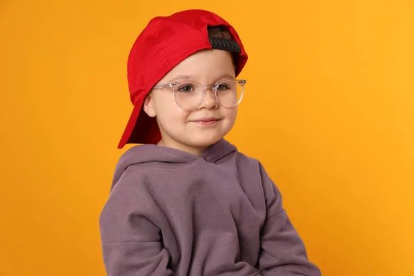 Cute Little Boy Glasses Orange Background — Stock Fotó