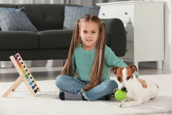 Cute Girl Playing Her Dog Floor Home Adorable Pet — Stockfoto