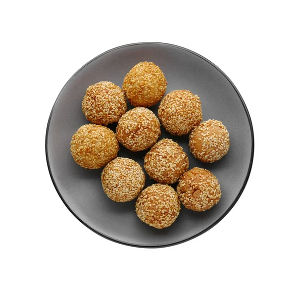 Plate Delicious Sesame Balls White Background Top View — Stock Photo, Image