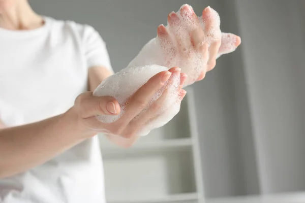 Woman Washing Hands Cleansing Foam Sink Bathroom Closeup — Stok fotoğraf
